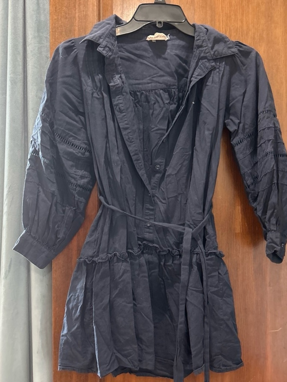 Navy Button-Front Belted Tunic Dress